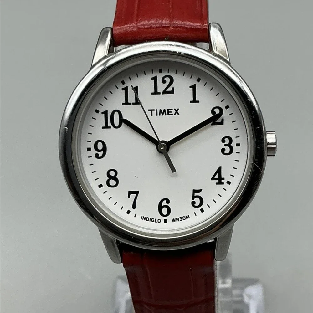 Timex Indiglo WR30M Womens Watch 30mm White Dial Red Leather New Battery